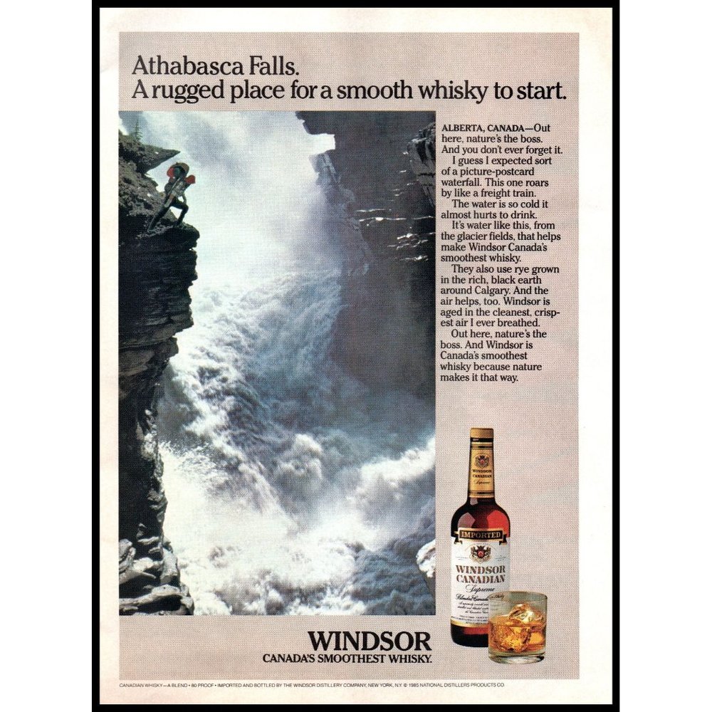 1986 Windsor Canadian Whisky Vintage Print Ad Athabasca Falls Alberta Wall Art